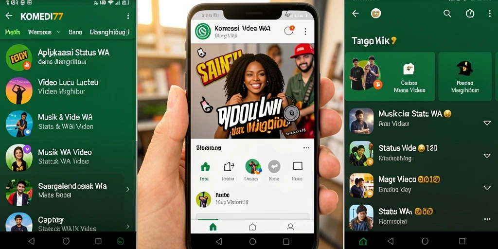 Screenshot antarmuka aplikasi KOMEDI77 dengan kategori video lucu.