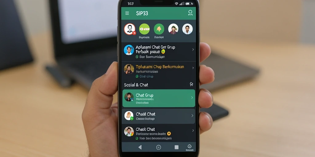Tampilan antarmuka aplikasi SIP33 untuk chat grup yang interaktif dan modern.
