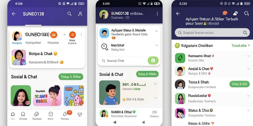 Antarmuka aplikasi SUNEO138 yang menarik untuk Status & Stiker.